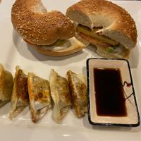 Breakfast bagel sandwich with dumplings  at SaVeg Cafe in Calgary