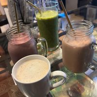 Soya chai latte, sweet green, super berry and strawberry banana smoothie at SaVeg Cafe in Calgary