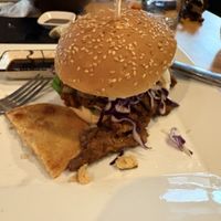 Bulgogi burger and savory lentil cake  at SaVeg Cafe in Calgary