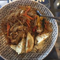 Japchae woth dumplings at SaVeg Cafe in Calgary