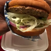 Close up of the vegan impossible burger at Shake 'N Buns in Bakersfield