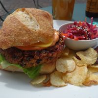 Juicy Quinoa burger with sourdough bread, chips and raw salad at Truefood Cafe in Lund