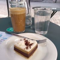 Tiramisú cake and oatmilk latte at Truefood Cafe in Lund