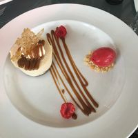 Peanut cheesecake with raspberry sorbet  at The Cove in Falmouth