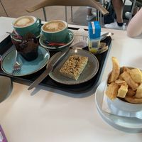 Chips, cake and coffee  at Trebah Garden in Falmouth