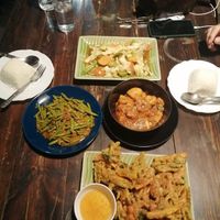 The Yam Tua (broadbean salad) vegetable tempura (bigger than looks on the menu, Thai fried mixed vegetables and the fabulous Hinlay curry. at The Swan Burmese Cuisine in Chiang Mai