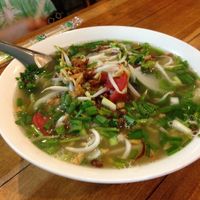 Yellow noodle soup with veggies at LaungXaiKham Restaurant in Vang Vieng