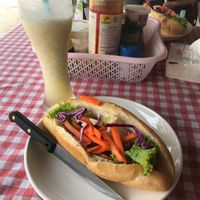 Vegetable baguette & pineapple shake at LaungXaiKham Restaurant in Vang Vieng