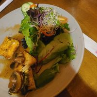 Tofu steak with mushroom sauce (half eaten because I forgot to take a picture when it first came out) at Soy  in Rosendale