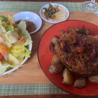 Ratatouille with potatoes, green salad, hummus at Oh La La in Cartagena