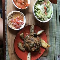 Tortilla de lenteja y garbanzo, hummus, ratatouille y ensalada.  at Oh La La in Cartagena