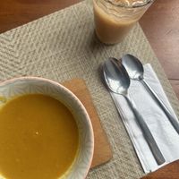 Squash soup and guava juice  at Oh La La in Cartagena