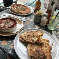 Pepperoni pizza, meatballs, and BBQ ciabatta   at Purezza Camden in London