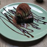 Salty caramel brownie with vanilla ice cream at Purezza Camden in London