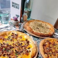 Garlic sourdough + Carbonara pizza at Purezza Camden in London