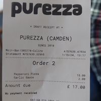 Price on receipt at Purezza Camden in London