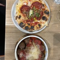 Pepperoni and agave pizza with a side of meatballs   at Purezza Camden in London