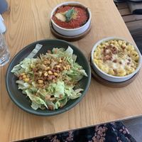 Mac & cheese, parmigiana & caesar salad (all gf)  at Purezza Camden in London