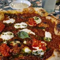Lasagne piccante pizza with basil mayo. at Purezza Camden in London