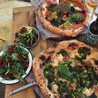 Green Supreme on whole grain, Pizza4Season1 on whole grain. The sides: Garden bowl, courghetti spaghetti. at Purezza Camden in London