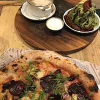 Pizza station 4 😆 Mac cheese and courgetti at Purezza Camden in London