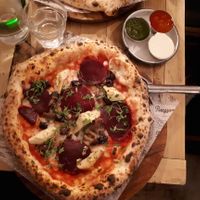 One of Purezza's pizzas with vegan sausage slices. I like them because they don't have a meaty texture at Purezza Camden in London