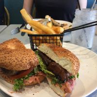 Vegan burger and fries at Coffee Room in Canberra