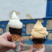 Maracuja and dark chocolate and pineapple and dark chocolate ice cream in a cone (also vegan!!) at Il Gelato del Mercato in Tenerife