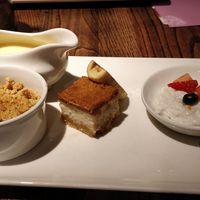 Winter berry crumble with custard, cheesecake and rice pudding. at The Church Mouse in Chester-le-street