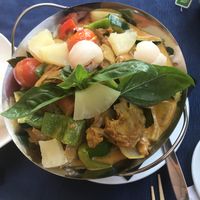 The delicious 'duck meat' ( prepared with seitan), hot curry, vegetables/lychee&ananas  at Jazmin in Tenerife