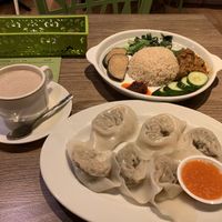 In house made almond drink with their vegan dumplings and daily special  #Veganuary at Genesis 创世界素食馆 in Central Singapore
