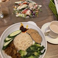 Garden salad, nasi lemak and almond brown rice milk (highly recommend!!)  at Genesis 创世界素食馆 in Central Singapore