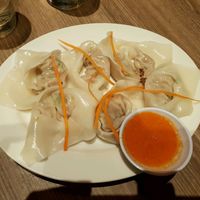 yummy dumplings with the surprisingly tasty sauce made of bell peppers    at Genesis 创世界素食馆 in Central Singapore