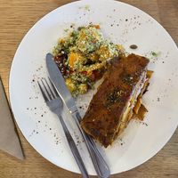 Vegan Lasagne with small serve of sweet potato tahini on the side at The Clean Food Store in Subiaco