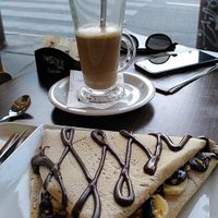 Soy latte and vegan banana, hazelnut and Nutella (nougat) crepe at Pestre in Bratislava