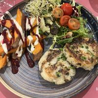 Risotto patties with sweet potato wedges  at Beet Vegetariano in Torrevieja