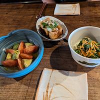 Tomato and avocado in yuzu broth, Deep fried thick tofu with perill soy sauce and cauliflower with wasabi mayonnaise at Itadakizen in Kyoto