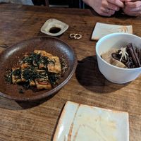 Tofu steak and Simmered freeze dried tofu and spring bracken at Itadakizen in Kyoto