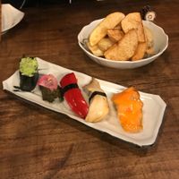 Organic veg sushi and fried potato wedges. at Itadakizen in Kyoto