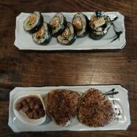 sushi roll & grilled rice balls with peanuts in a sauce at Itadakizen in Kyoto