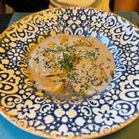 Beyond Meat ravioli in truffled foie gras sauce at Hakuna Matata Veggie in Madrid