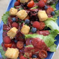 Tempura from almond mozzarella on salad with red berries  at Hakuna Matata Veggie in Madrid
