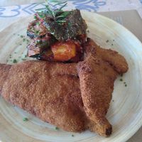 Main course: the menu says it's a seitan schnitzel but honestly I think it's a soy based mockmeat schnitzel at Hakuna Matata Veggie in Madrid