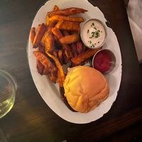 Good Burger, sweet potato fries and vegan ranch.  at Basic Kitchen in Charleston