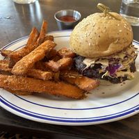 Good burger with sweet pesto fries  at Basic Kitchen in Charleston