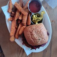 Veggie burger with sweet potato fries at Basic Kitchen in Charleston