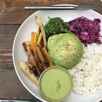 Rice bowl with green goddess dressing  at Basic Kitchen in Charleston