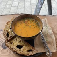 „Sweet potato and chilli“ soup of the day with sourdough bread  at The Wildcat in Fort William
