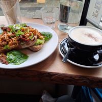 Korean scrambled tofu, chai latte at The Wildcat in Fort William