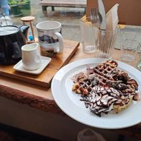 Breakfast tea. Black forest waffles at The Wildcat in Fort William